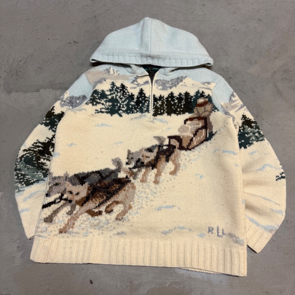 Vintage 90s Hand Knit Ralph Lauren Dog Sled Sweater